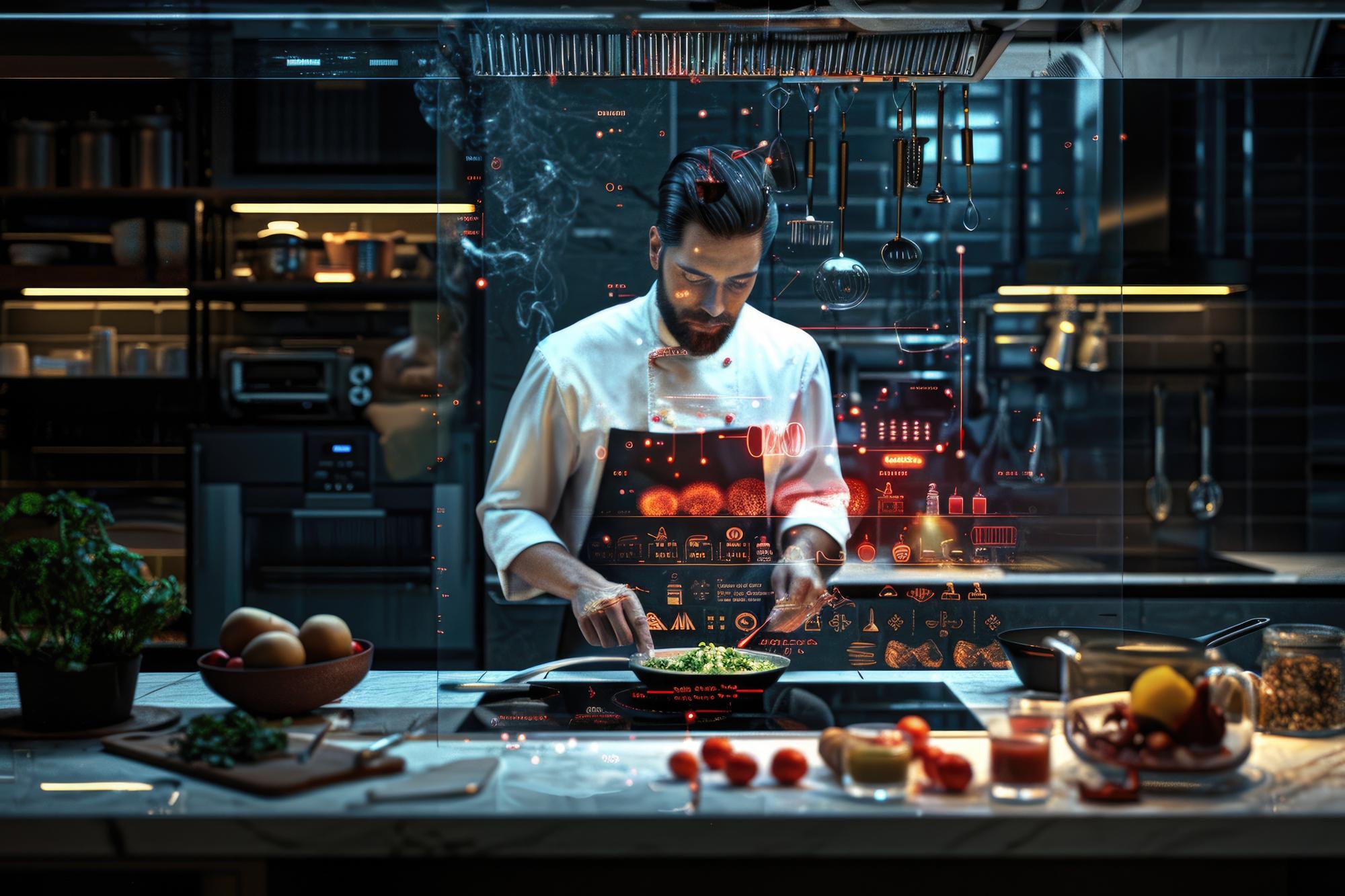 Chef digitale al tavolo di lavoro con utensili tecnologici